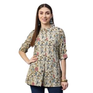 Divena Beige Multi Floral Rayon A-line Shirts Style Top