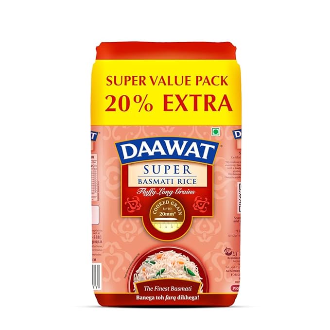 Daawat Super Basmati Rice 1Kg| Fluffy Long Grains| Cooked upto 20mm*| Super Value Pack 20% Extra