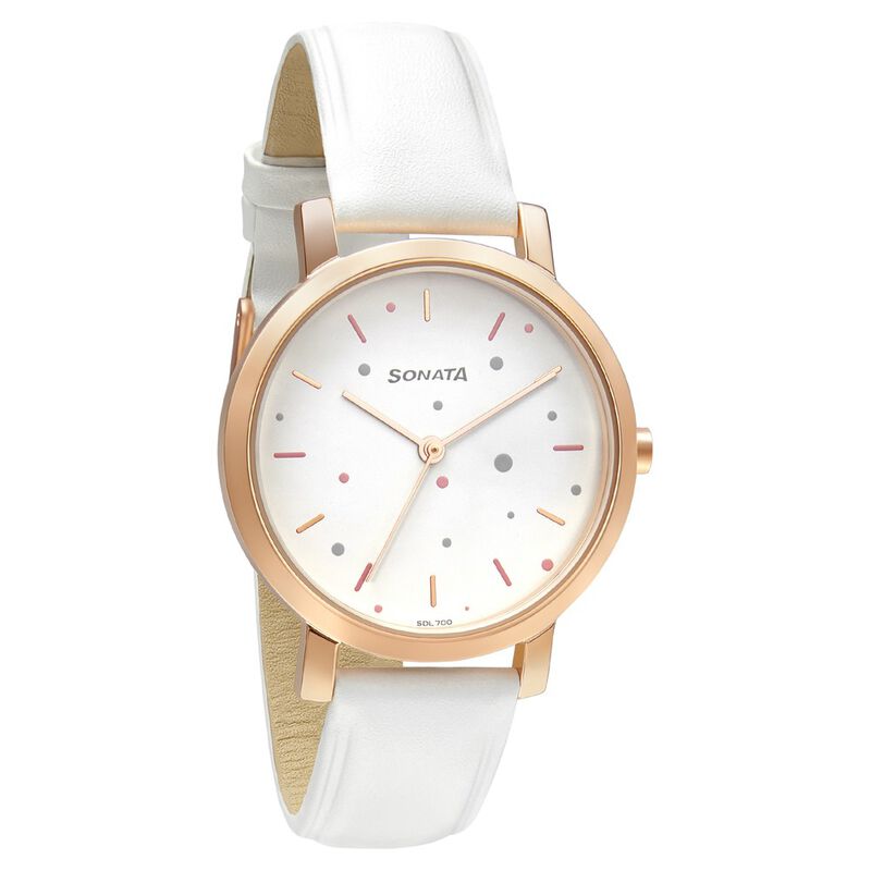Sonata Play White Dial Women Watch With Leather Strap NR8164WL04