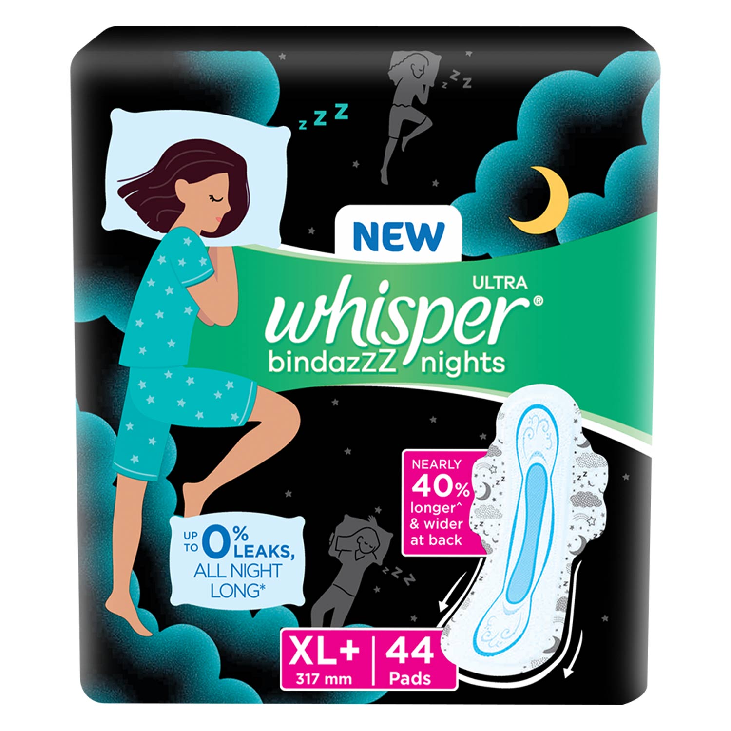 Whisper Bindazzz Night Sanitary Pads|Pack of 44 thin Pads|XL+|upto 0% Leaks|40% Longer & Wider back|Dry top sheet|Long lasting coverage|Faster absorption|31.7 cm Long|With disposable wrap