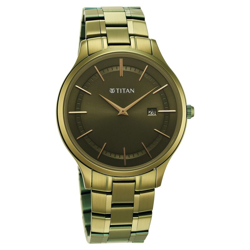 Titan Classique Slimline Green Dial Analog with Day and Date Stainless Steel Strap watch for Men