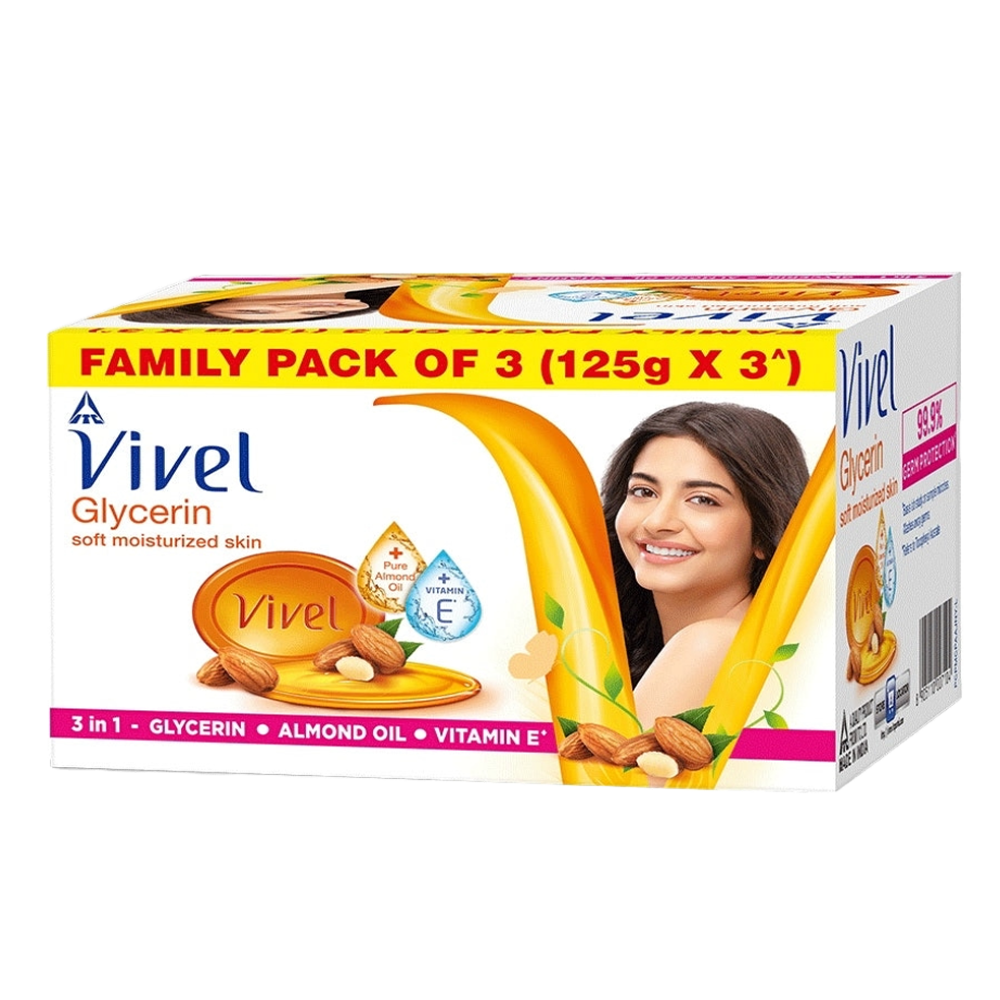 Vivel Glycerin Bathing Bar Soap for Soft Moisturized Skin with Pure Almond Oil & Vitamin E, Special Pack 125gx3 (Pack of 3)