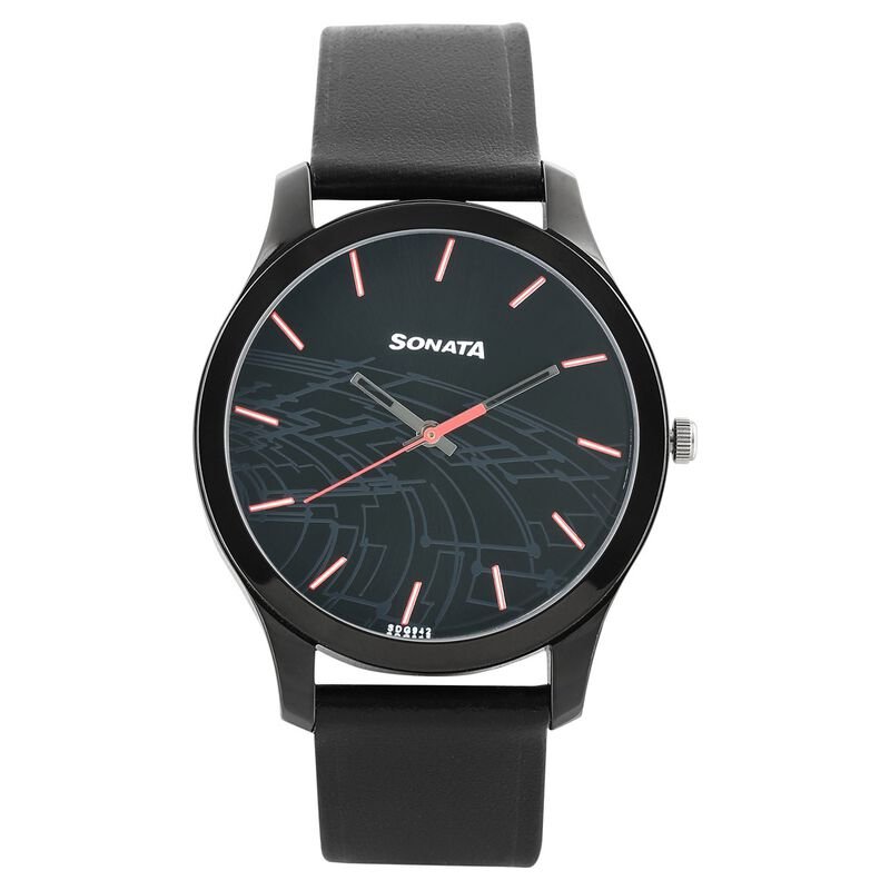 Sonata Nxt Quartz Analog Black Dial Leather Strap Watch for Men NP77063NL01W