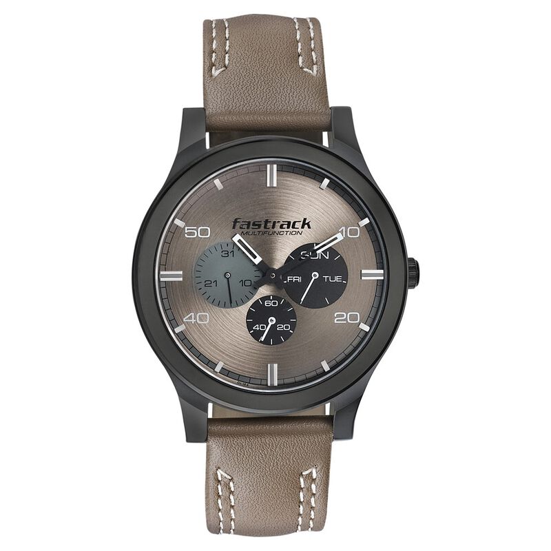 Fastrack Dial It Up Quartz Multifunction Beige Dial Leather Strap Watch for Guys