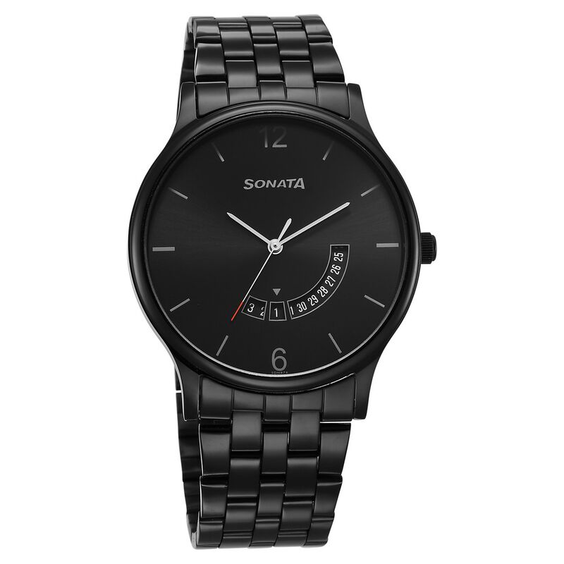 77105NM01 Sonata Quartz Analog with Date Black Dial Watch for Men