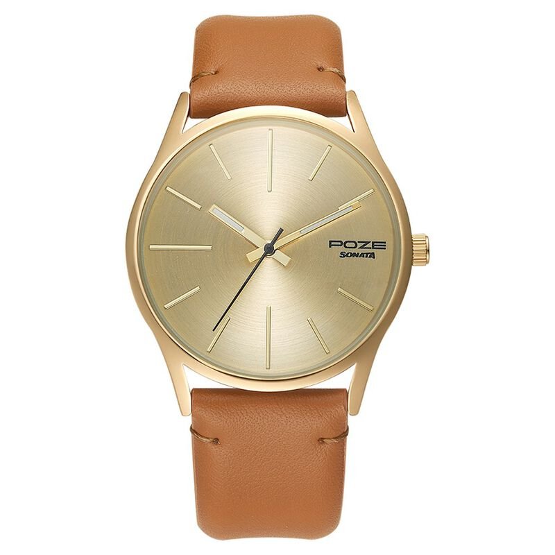 Poze by Sonata Quartz Analog Golden Dial PU Leather Strap Watch for Men SP70013YL01W