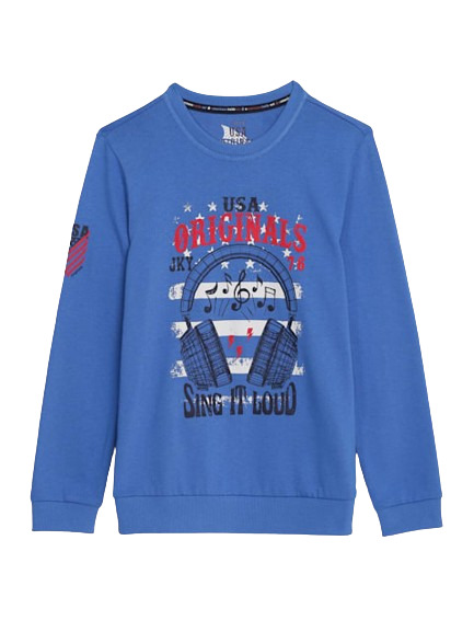 Boys Super Combed Cotton Rich Graphic Printed Sweatshirt with Ribbed Cuff - Palace Blue