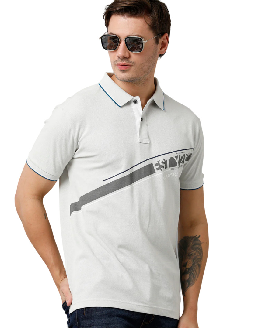 SKIP TO PRODUCT INFORMATION T-shirt Classic Polo Men's Cotton Half Sleeve Printed Slim Fit Polo Neck White Color T-Shirt | Vivid Polo - 08 B