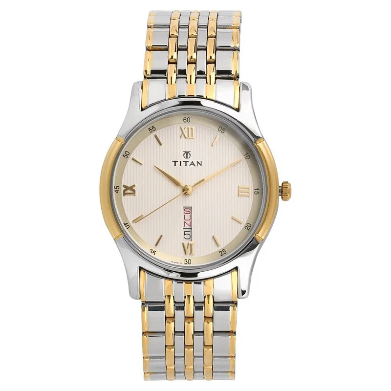 Titan Analog with Day and Date Off White Dial Stainless Steel Strap watch for Men