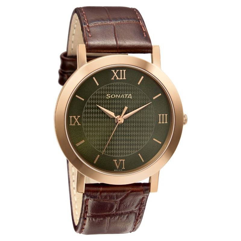 Sonata Quartz Analog Green Dial Leather Strap Watch for Men NR77108WL01W