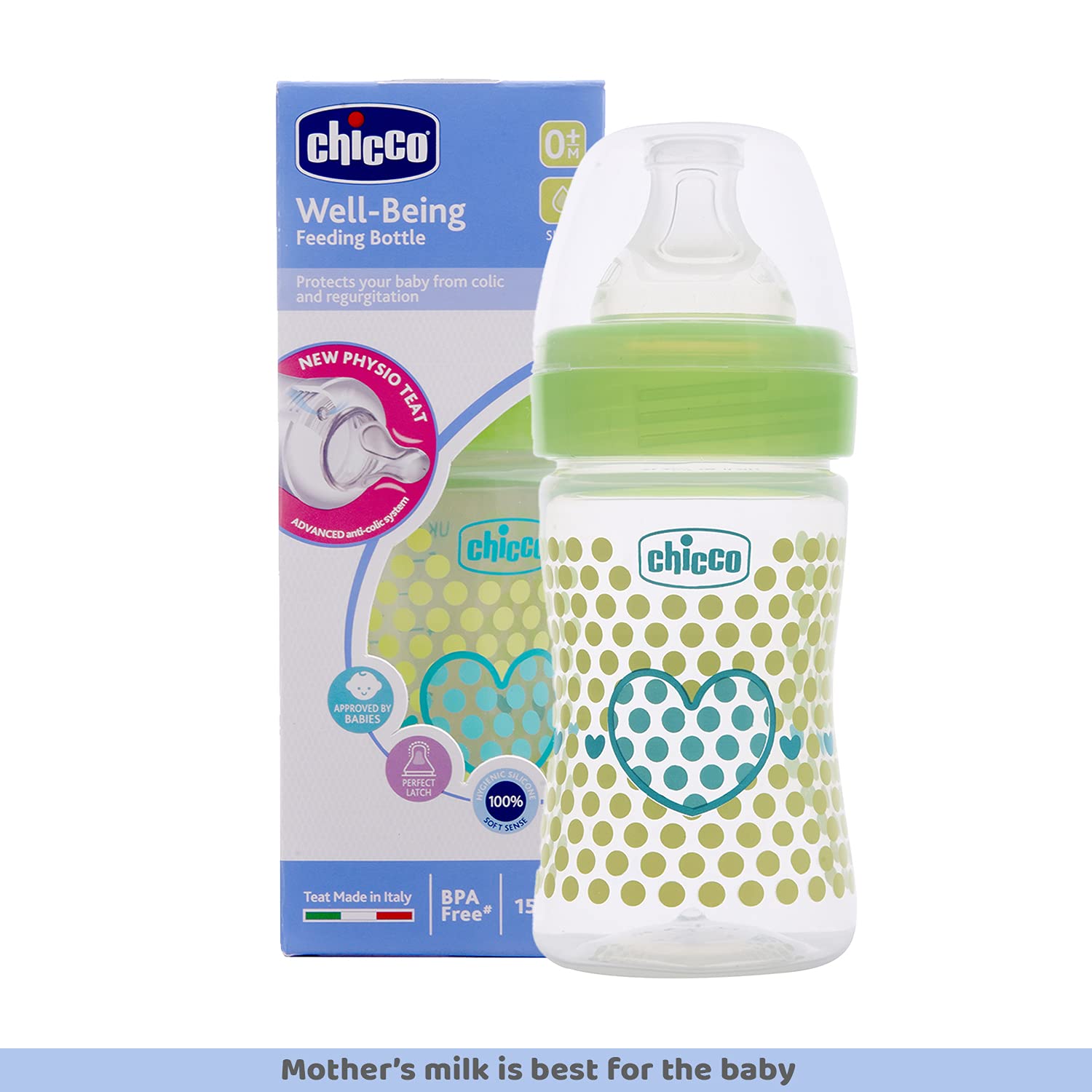 Chicco Well-Being 150 ml Feeding Bottle, Advanced Anti-Colic System, BPA Free, Hygienic Silicone Teat (Green)