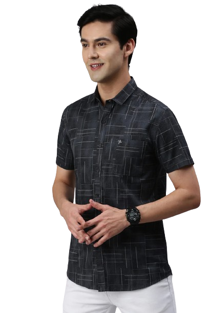 CP BRO Men's Cotton Half Sleeve Printed Slim Fit Polo Neck Black Color Woven Shirt | Sbo1-09 B