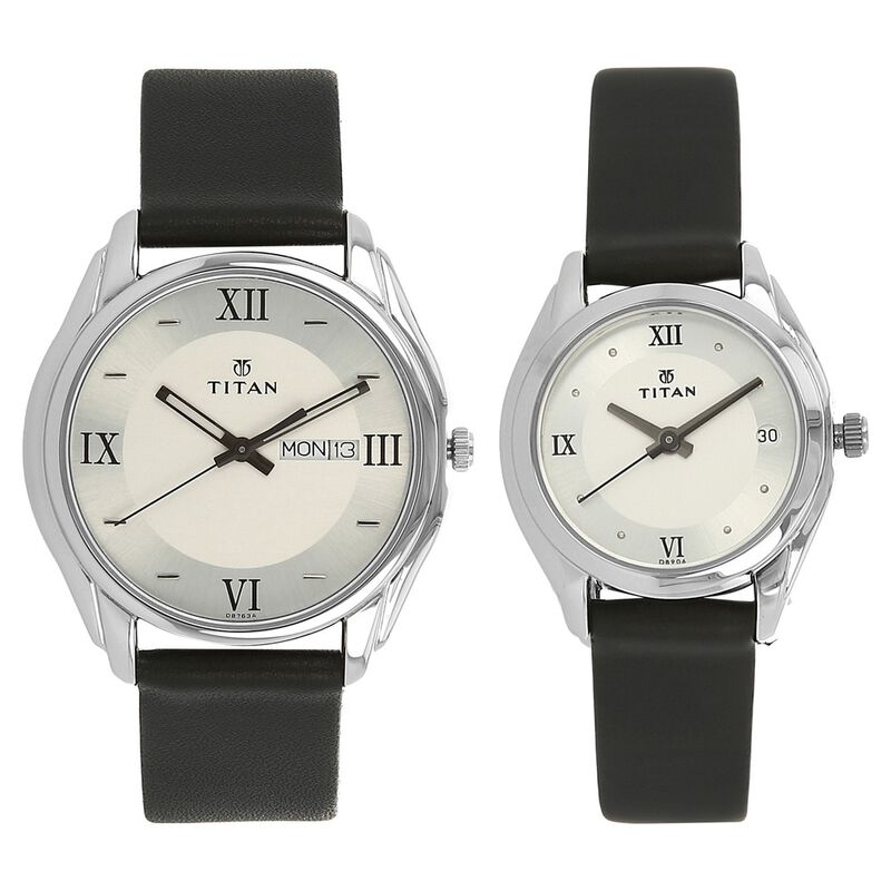 Titan Analog with Day and Date Silver Dial Leather Strap watch for Couple