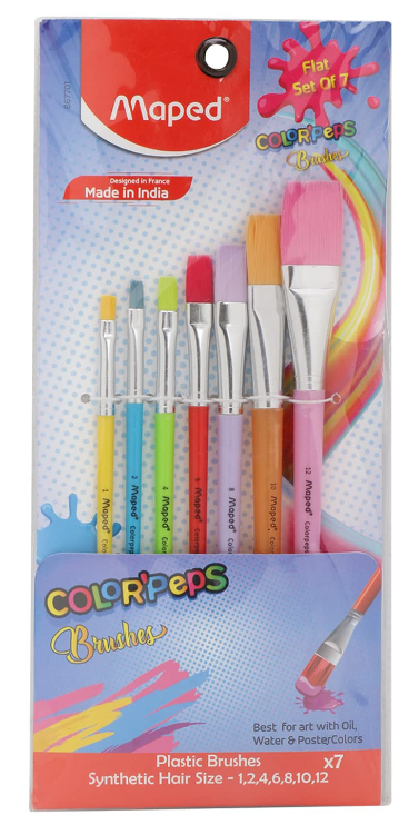 Maped Synthetic Flat Brush Set - Plastic Handle, For Poster Colours, 7 pcs (Pack of 7)