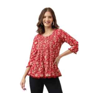 Divena Red Floral Printed Cotton Peplum Top