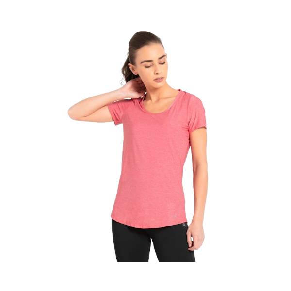 Women's Tactel Microfiber Elastane Stretch Relaxed Fit Solid Curved Hem Styled Half Sleeve T-Shirt with Stay Fresh Treatment - Coral Melange