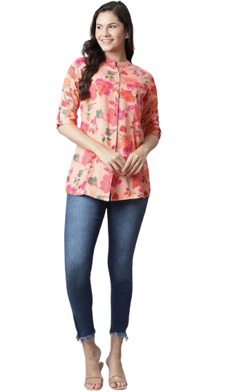 Divena Rayon Peach Floral Print Shirt Style A-Line Top