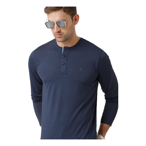 Classic Polo Mens Cotton Solid Full Sleeve Slim Fit Y Neck Navy Blue Color T-Shirt | Verno 306 C